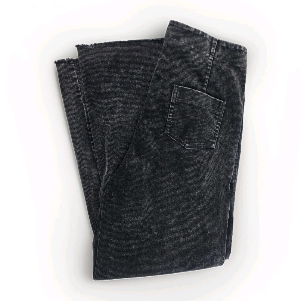La Miel Womens XL Acid Wash Black Corduroy Wide Leg High Rise Raw Hem Pants